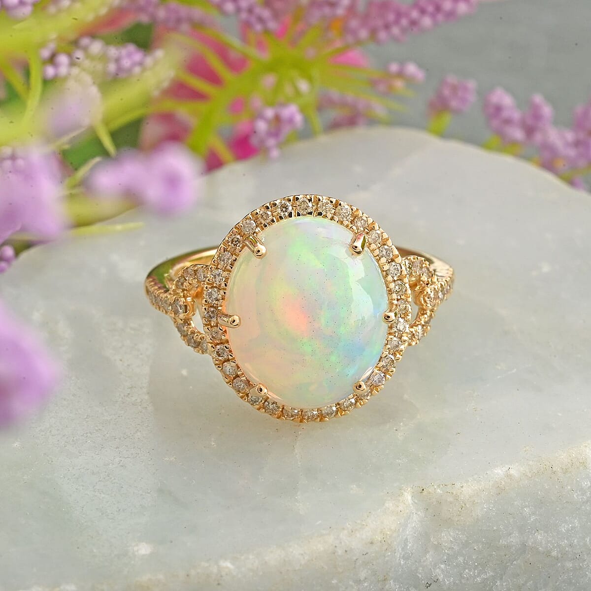 Certified & Appraised Luxoro 14K Yellow Gold AAA Ethiopian Welo Opal and Diamond Ring (Size 8.0) 4.60 Grams 11.60 ctw image number 1