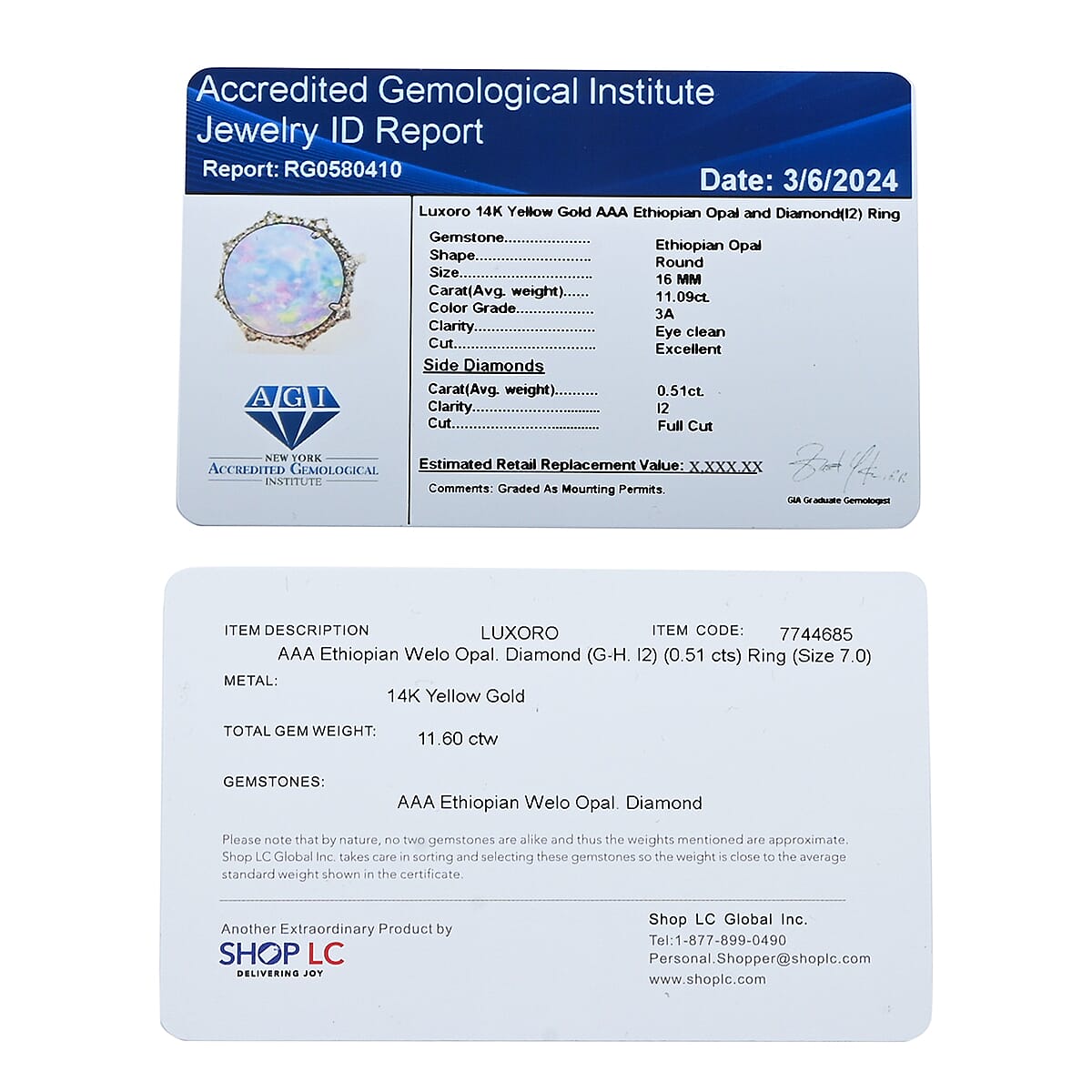 Certified & Appraised Luxoro 14K Yellow Gold AAA Ethiopian Welo Opal, Diamond (G-H, I2) (0.51 cts) Ring (Size 8.5) (4.60 g) 11.60 ctw image number 6