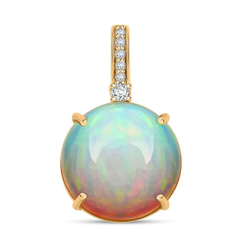 Certified & Appraised Luxoro 14K Yellow Gold AAA Ethiopian Welo Opal and G-H I2 Diamond Pendant without Chain 7.15 ctw