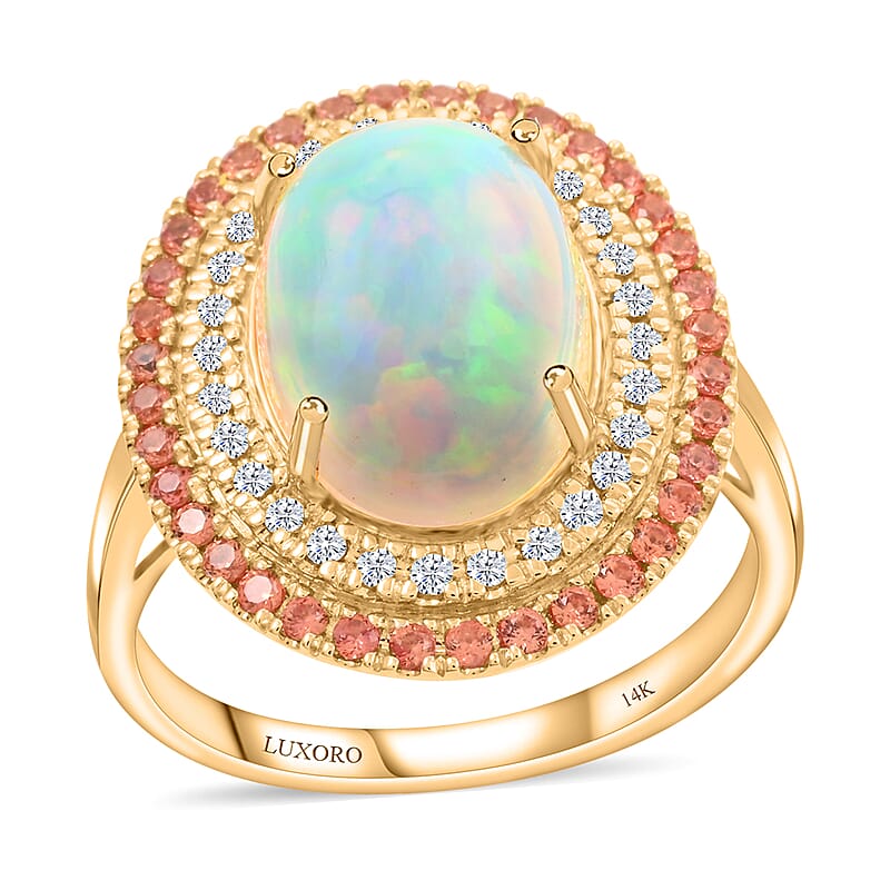 Certified & Appraised Luxoro 14K Yellow Gold AAA Ethiopian Welo Opal, Songea Sapphire and G-H I2 Diamond Ring (Size 10.0) 6.20 Grams 4.50 ctw