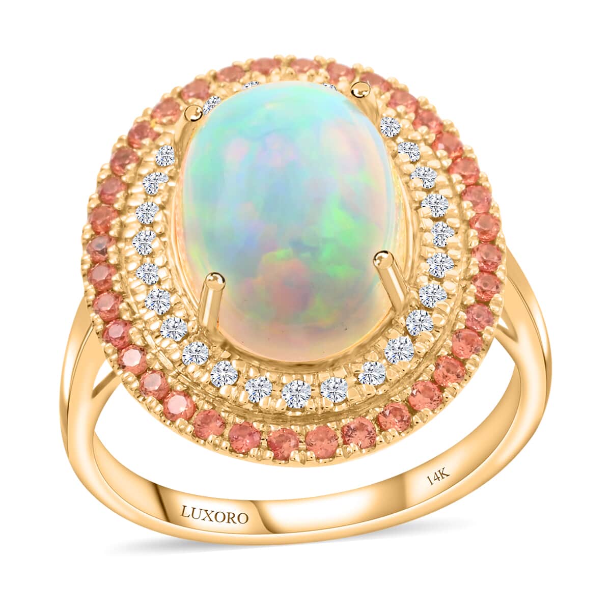 Certified & Appraised Luxoro 14K Yellow Gold AAA Ethiopian Welo Opal, Songea Sapphire and G-H I2 Diamond Ring (Size 10.0) 6.20 Grams 4.50 ctw image number 0