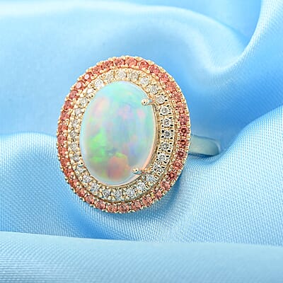 Certified & Appraised Luxoro 14K Yellow Gold AAA Ethiopian Welo Opal, Songea Sapphire and G-H I2 Diamond Ring (Size 10.0) 6.20 Grams 4.50 ctw