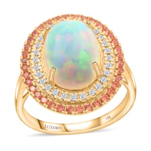 Certified & Appraised Luxoro 14K Yellow Gold AAA Ethiopian Welo Opal, Songea Sapphire and G-H I2 Diamond Ring (Size 5.5) 6.20 Grams 4.50 ctw