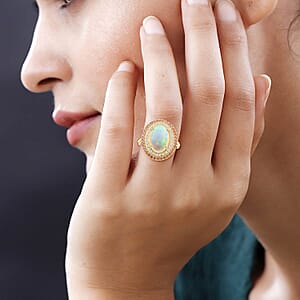 Certified & Appraised Luxoro 14K Yellow Gold AAA Ethiopian Welo Opal, Songea Sapphire and G-H I2 Diamond Ring (Size 6.5) 6.20 Grams 4.50 ctw