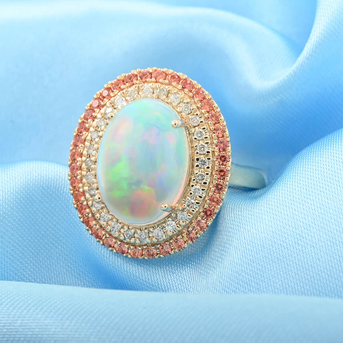 Certified & Appraised Luxoro 14K Yellow Gold AAA Ethiopian Welo Opal, Songea Sapphire and G-H I2 Diamond Ring (Size 7.0) 6.20 Grams 4.50 ctw image number 1