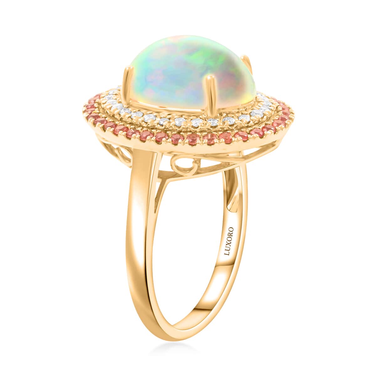 Certified & Appraised Luxoro 14K Yellow Gold AAA Ethiopian Welo Opal, Songea Sapphire and G-H I2 Diamond Ring (Size 7.0) 6.20 Grams 4.50 ctw image number 3