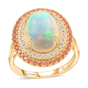 Certified & Appraised Luxoro 14K Yellow Gold AAA Ethiopian Welo Opal, Songea Sapphire and G-H I2 Diamond Ring (Size 7.5) 6.20 Grams 4.50 ctw