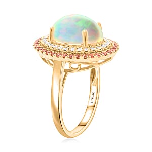 Certified & Appraised Luxoro 14K Yellow Gold AAA Ethiopian Welo Opal, Songea Sapphire and G-H I2 Diamond Ring (Size 7.5) 6.20 Grams 4.50 ctw