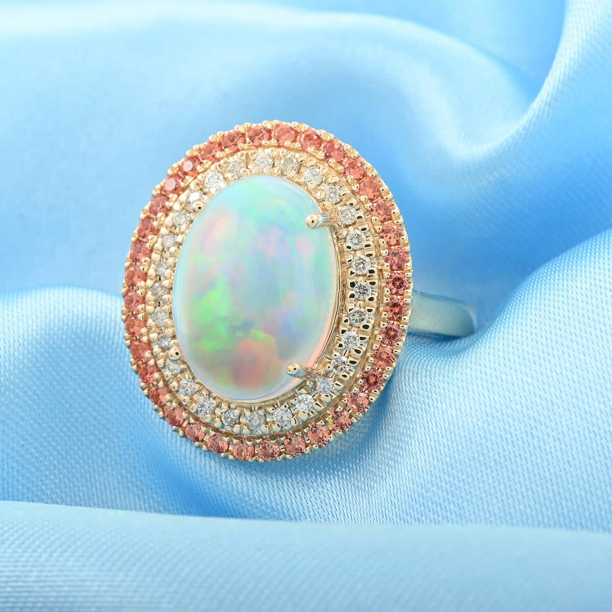 Certified & Appraised Luxoro 14K Yellow Gold AAA Ethiopian Welo Opal, Songea Sapphire and G-H I2 Diamond Ring (Size 8.5) 6.20 Grams 4.50 ctw image number 1