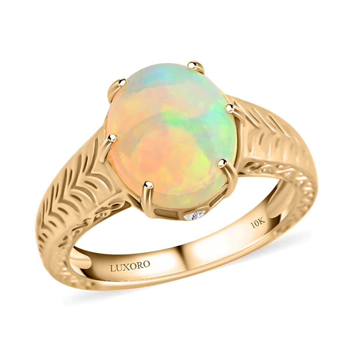 Certified & Appraised Luxoro 10K Yellow Gold AAA Ethiopian Welo Opal and G-H I2 Diamond Ring (Size 10.0) 4.10 Grams 2.10 ctw image number 0