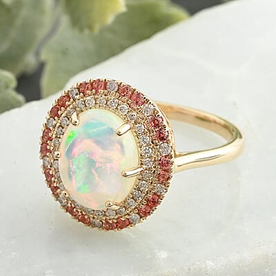 Certified & Appraised Luxoro 10K Yellow Gold AAA Ethiopian Welo Opal, Songea Sapphire and G-H I2 Diamond Ring (Size 10.0) 2.75 ctw