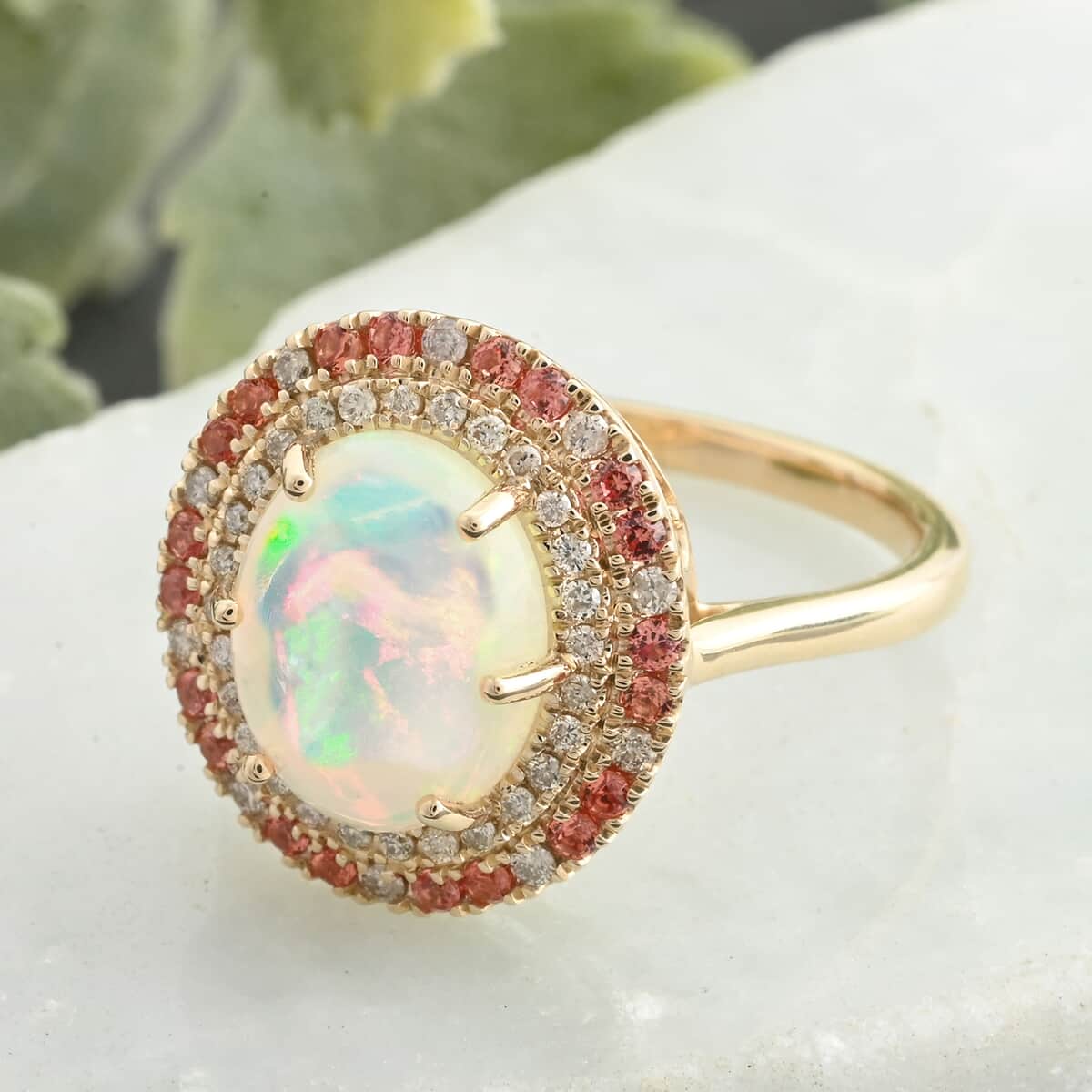 Certified & Appraised Luxoro 10K Yellow Gold AAA Ethiopian Welo Opal, Songea Sapphire and G-H I2 Diamond Ring (Size 10.0) 2.75 ctw image number 1