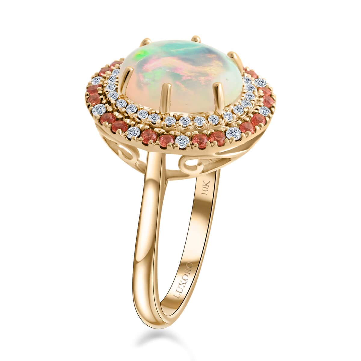 Certified & Appraised Luxoro 10K Yellow Gold AAA Ethiopian Welo Opal, Songea Sapphire and G-H I2 Diamond Ring (Size 10.0) 2.75 ctw image number 3
