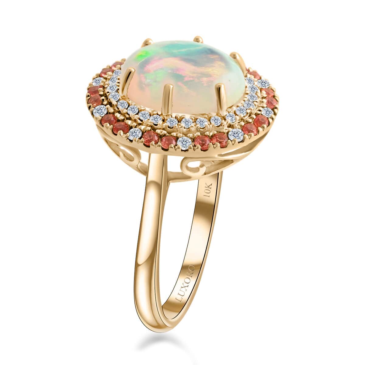 Certified & Appraised Luxoro 10K Yellow Gold AAA Ethiopian Welo Opal, Songea Sapphire, Diamond (G-H, I2) (0.25 cts) Ring (Size 5.5) 2.75 ctw image number 3