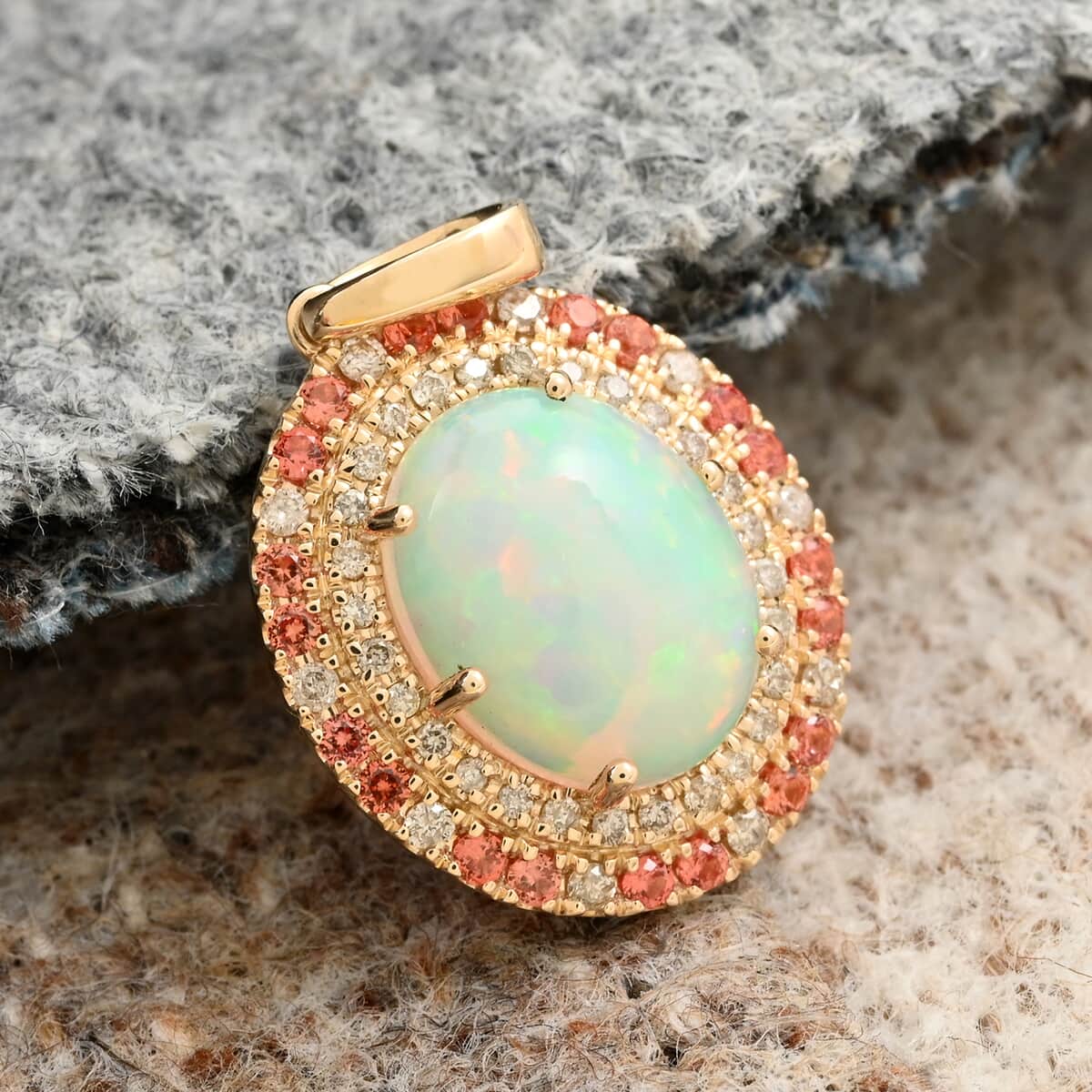 Certified & Appraised Luxoro 10K Yellow Gold AAA Ethiopian Welo Opal, Songea Sapphire and G-H I2 Diamond Pendant 2.75 ctw image number 1