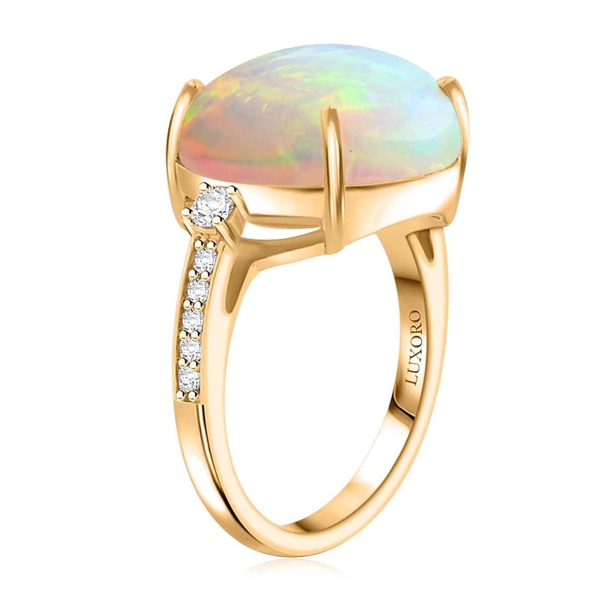 Certified & Appraised Luxoro AAA Ethiopian Welo Opal and G-H I2 Diamond 7.25 ctw Ring in 14K Yellow Gold (Size 5.5)
