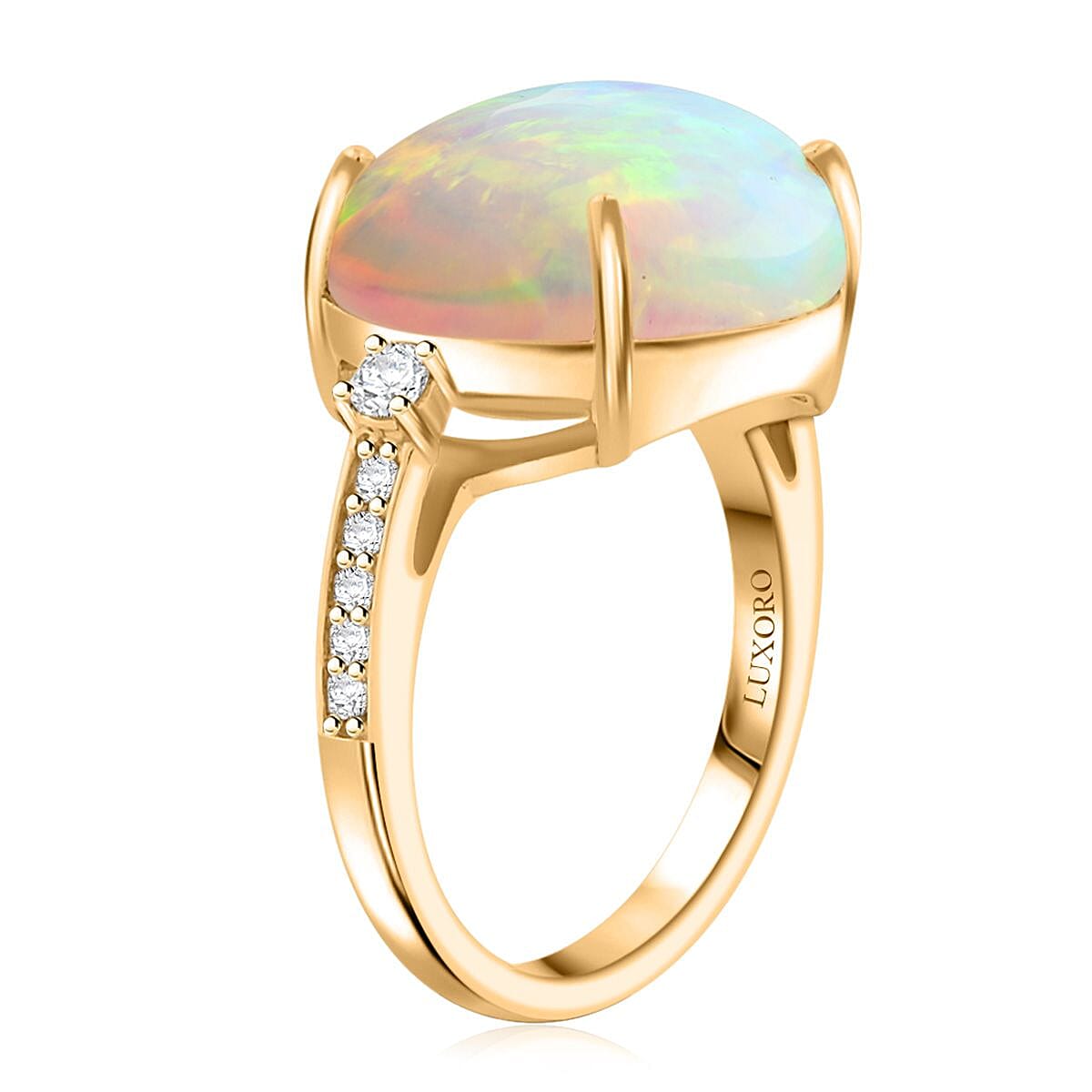 Certified & Appraised Luxoro AAA Ethiopian Welo Opal and G-H I2 Diamond 7.25 ctw Ring in 14K Yellow Gold (Size 8.0) image number 3