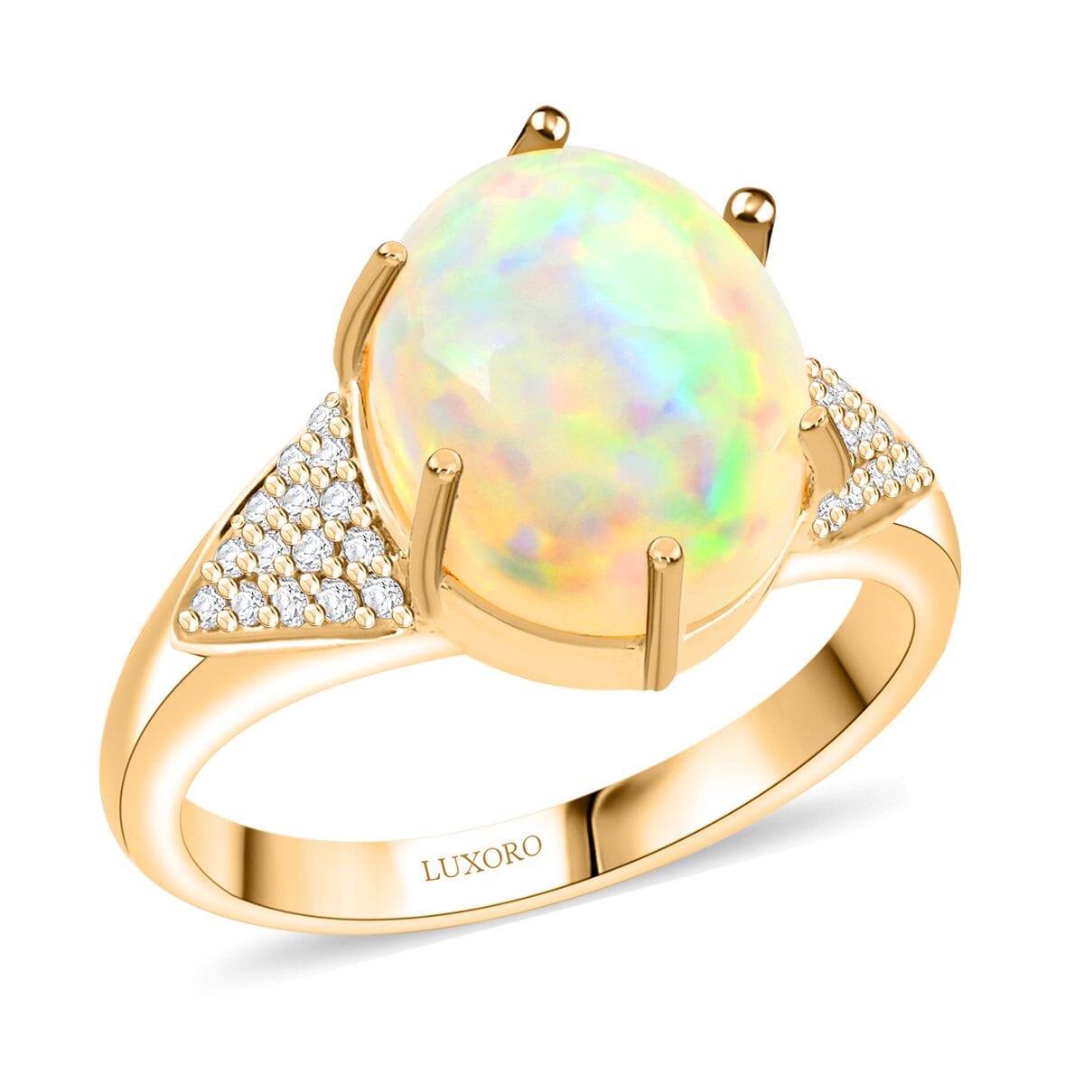Certified & Appraised Luxoro 10K Yellow Gold AAA Ethiopian Welo Opal and G-H I2 Diamond Ring (Size 7.0) 2.80 ctw image number 1