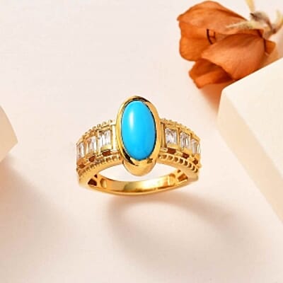 Premium Sleeping Beauty Turquoise and White Zircon 2.16 ctw Solitaire Ring in Vermeil Yellow Gold Over Sterling Silver (Size 8.0) (6.02 g)