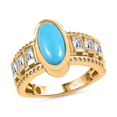 Premium Sleeping Beauty Turquoise and White Zircon 2.16 ctw Solitaire Ring in Vermeil Yellow Gold Over Sterling Silver (Size 8.0) (6.02 g)