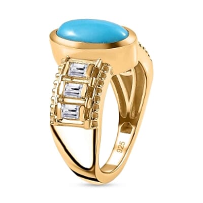 Premium Sleeping Beauty Turquoise and White Zircon 2.16 ctw Solitaire Ring in Vermeil Yellow Gold Over Sterling Silver (Size 8.0) (6.02 g)