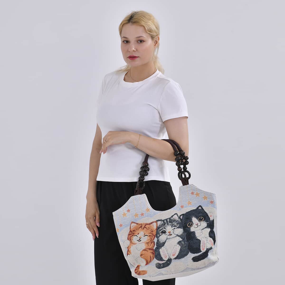 Beige Cat Pattern 35% Polyester and 65% Cotton Tote Bag (17.3"x4.7"x11.4") image number 1