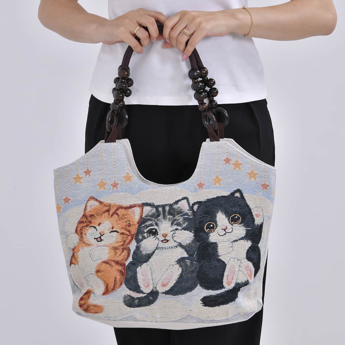 Beige Cat Pattern 35% Polyester and 65% Cotton Tote Bag (17.3"x4.7"x11.4") image number 2