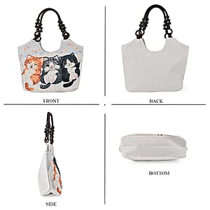 Beige Cat Pattern 35% Polyester and 65% Cotton Tote Bag