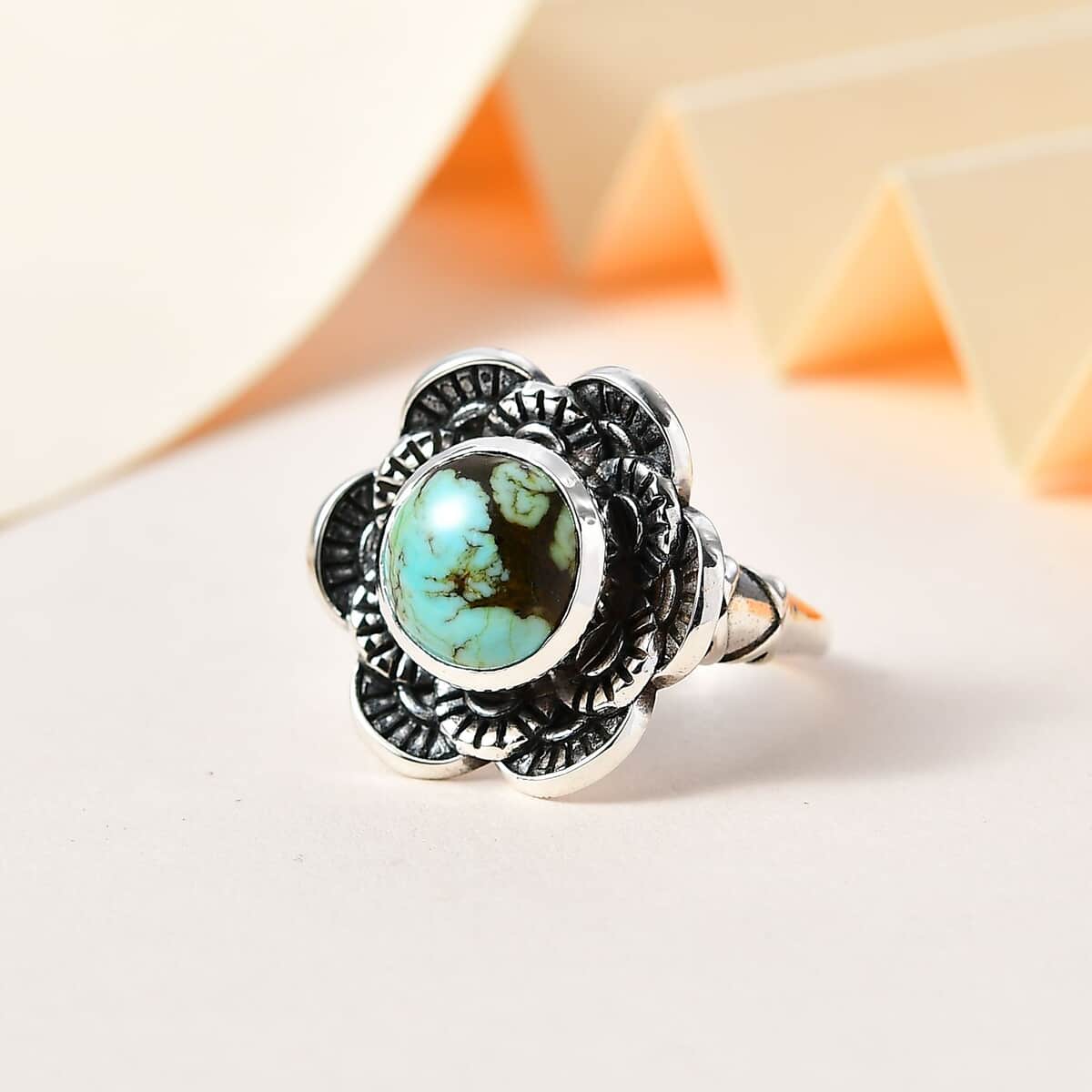 Artisan Crafted Blue Moon Turquoise Floral Ring in Sterling Silver (Size 10.0) 3.60 ctw image number 1