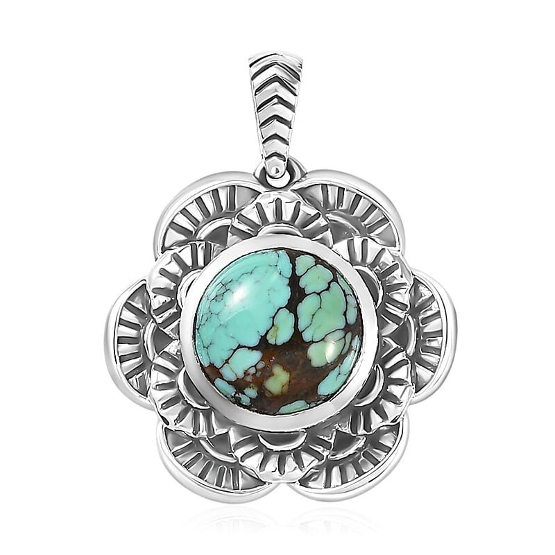 Artisan Crafted Blue Moon Turquoise Floral Pendant without Chain in Sterling Silver 3.90 ctw