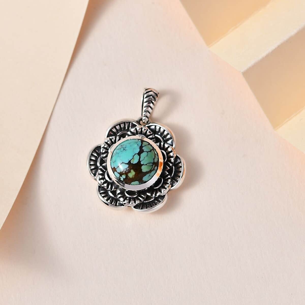 Artisan Crafted Blue Moon Turquoise Floral Pendant in Sterling Silver 3.90 ctw image number 1