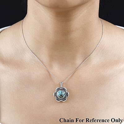 Artisan Crafted Blue Moon Turquoise Floral Pendant without Chain in Sterling Silver 3.90 ctw