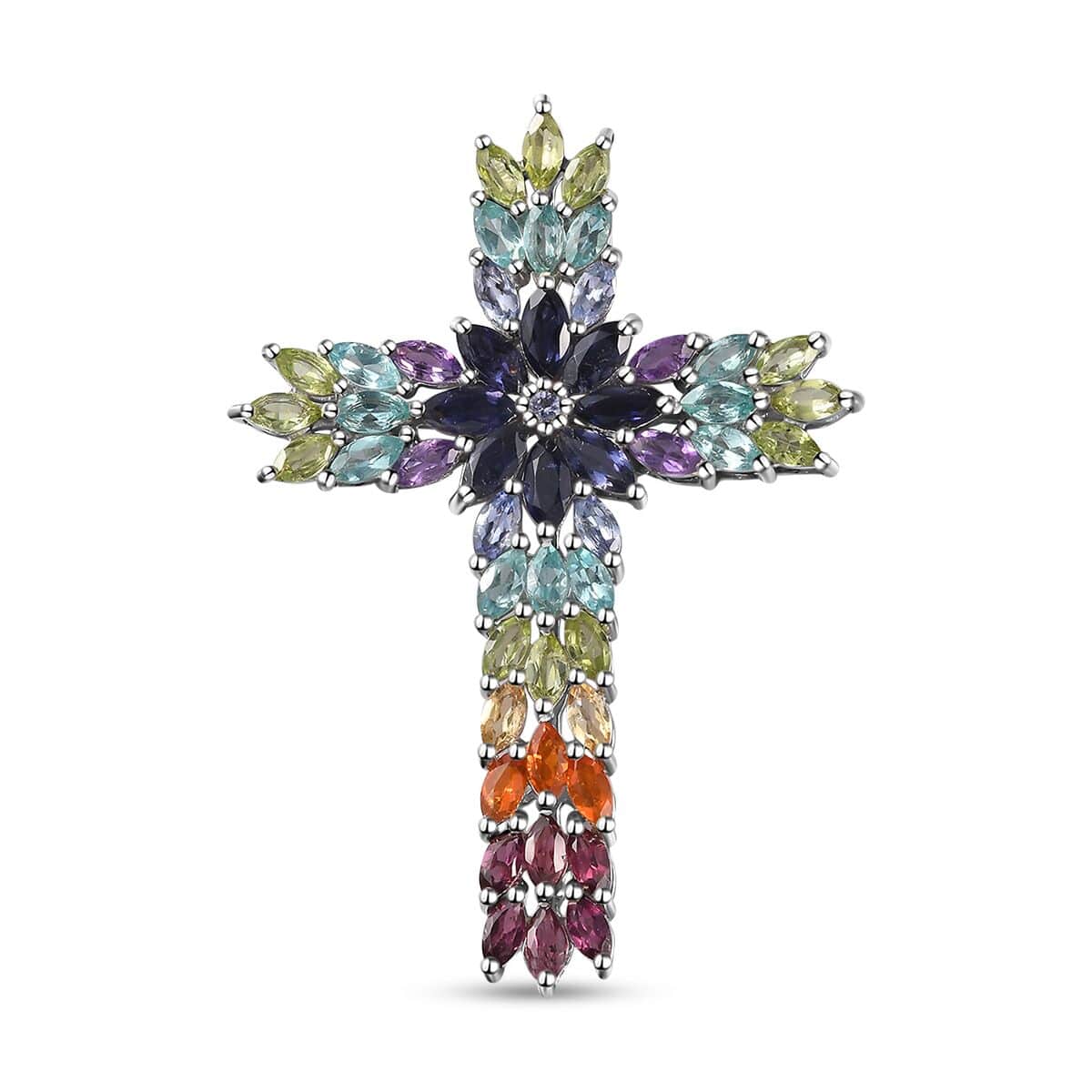 Multi Gemstone Cross Pendant in Platinum Over Sterling Silver 8.10 ctw image number 0