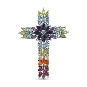 Multi Gemstone Cross Pendant in Platinum Over Sterling Silver 8.10 ctw