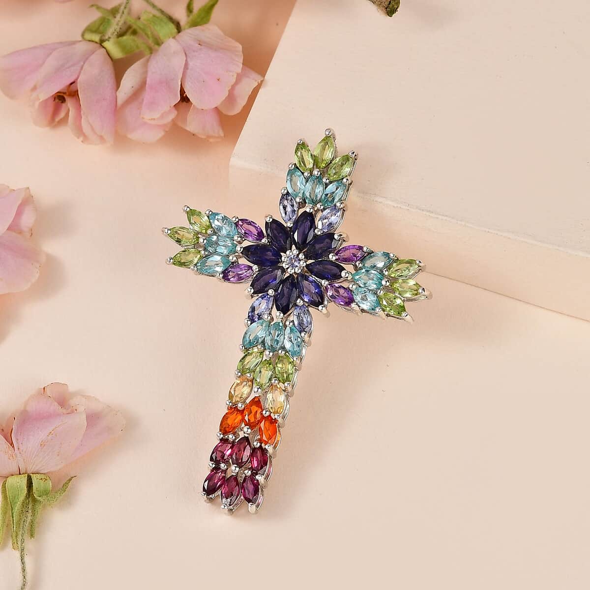 Multi Gemstone Cross Pendant in Platinum Over Sterling Silver 8.10 ctw image number 1