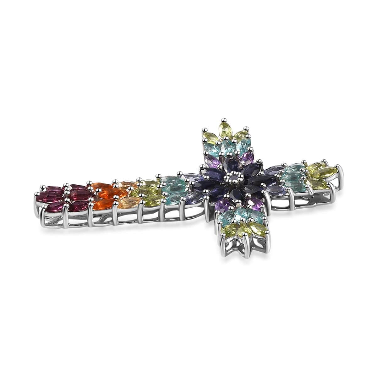 Multi Gemstone Cross Pendant in Platinum Over Sterling Silver 8.10 ctw image number 3