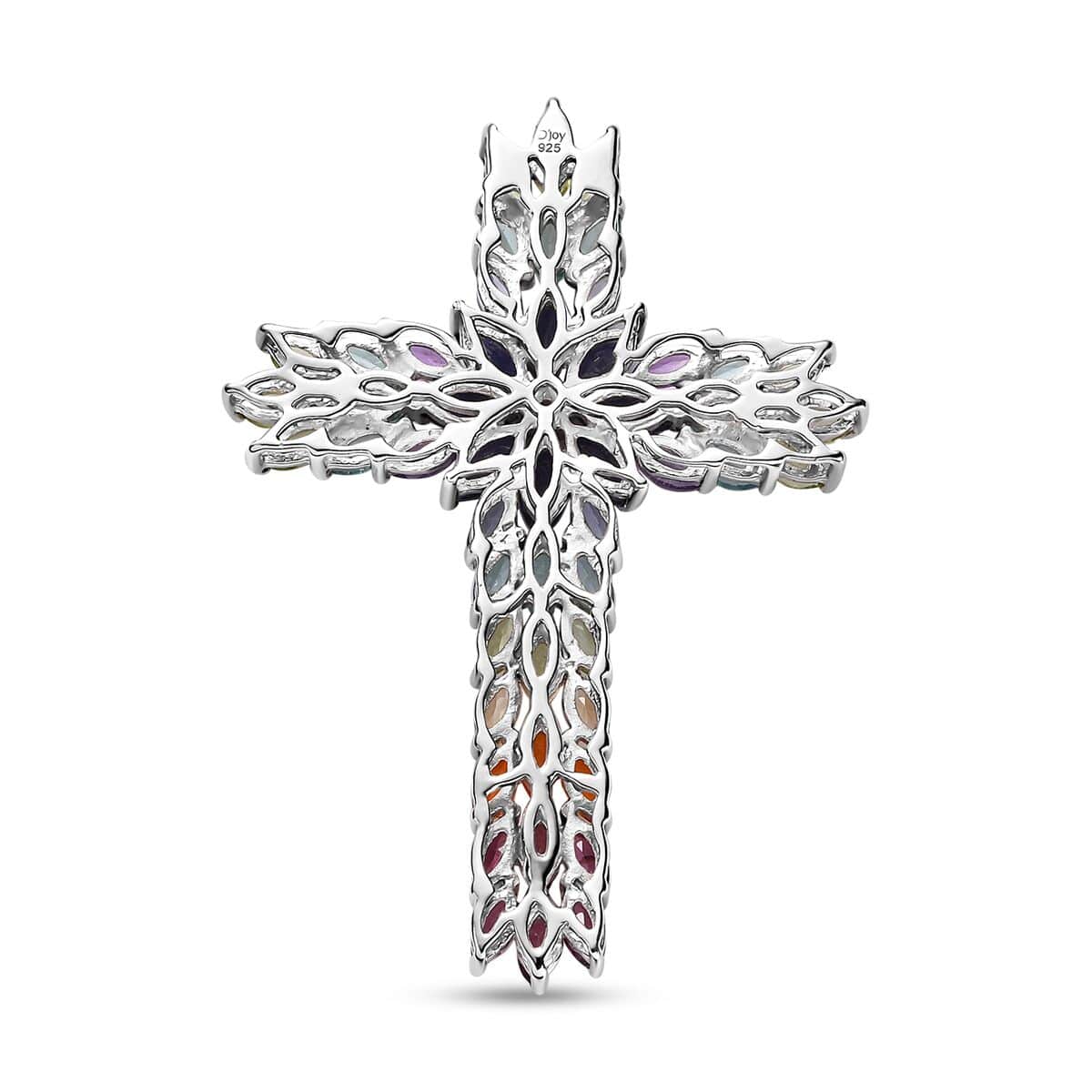 Multi Gemstone Cross Pendant in Platinum Over Sterling Silver 8.10 ctw image number 4