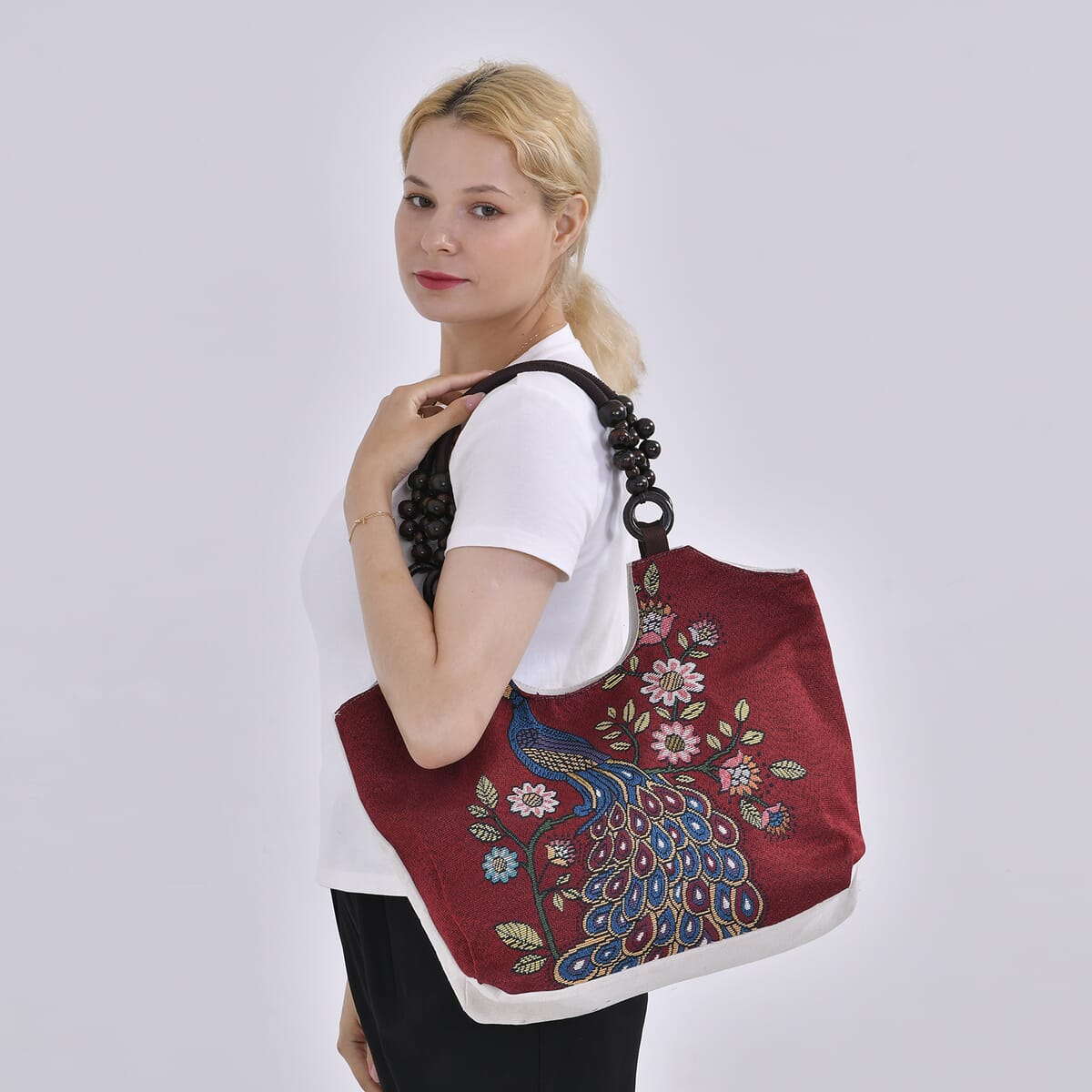 Red Peacock Pattern 35% Polyester and 65% Cotton Tote Bag image number 1