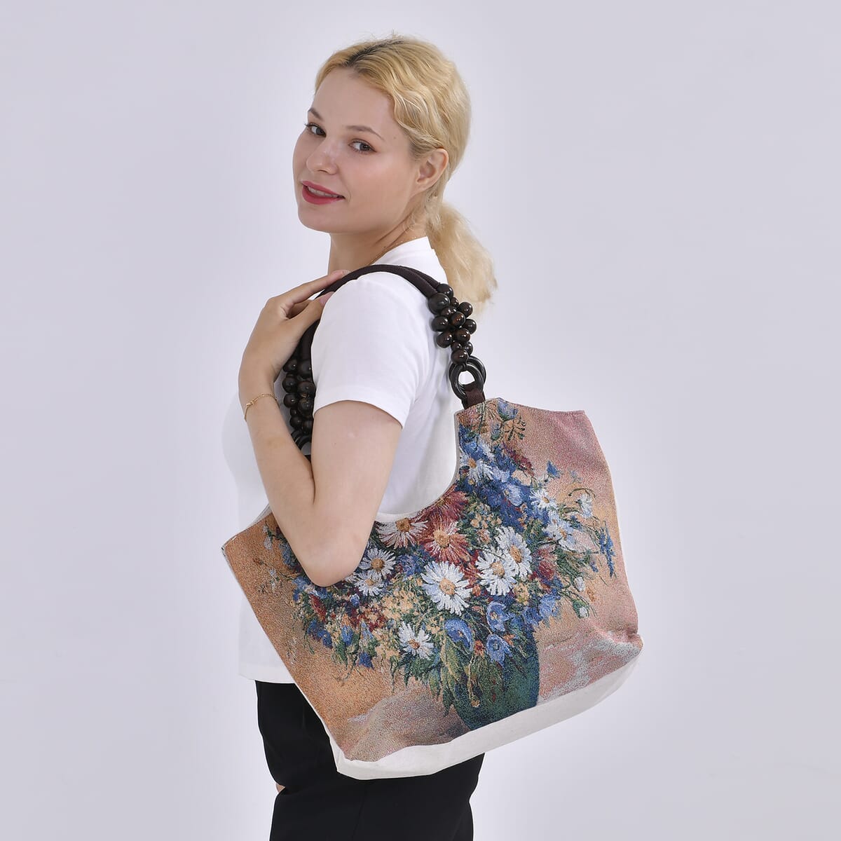 Multi Floral Pattern 35% Polyester and 65% Cotton Tote Bag image number 1