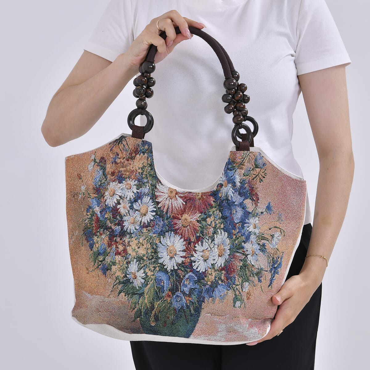Multi Floral Pattern 35% Polyester and 65% Cotton Tote Bag image number 2