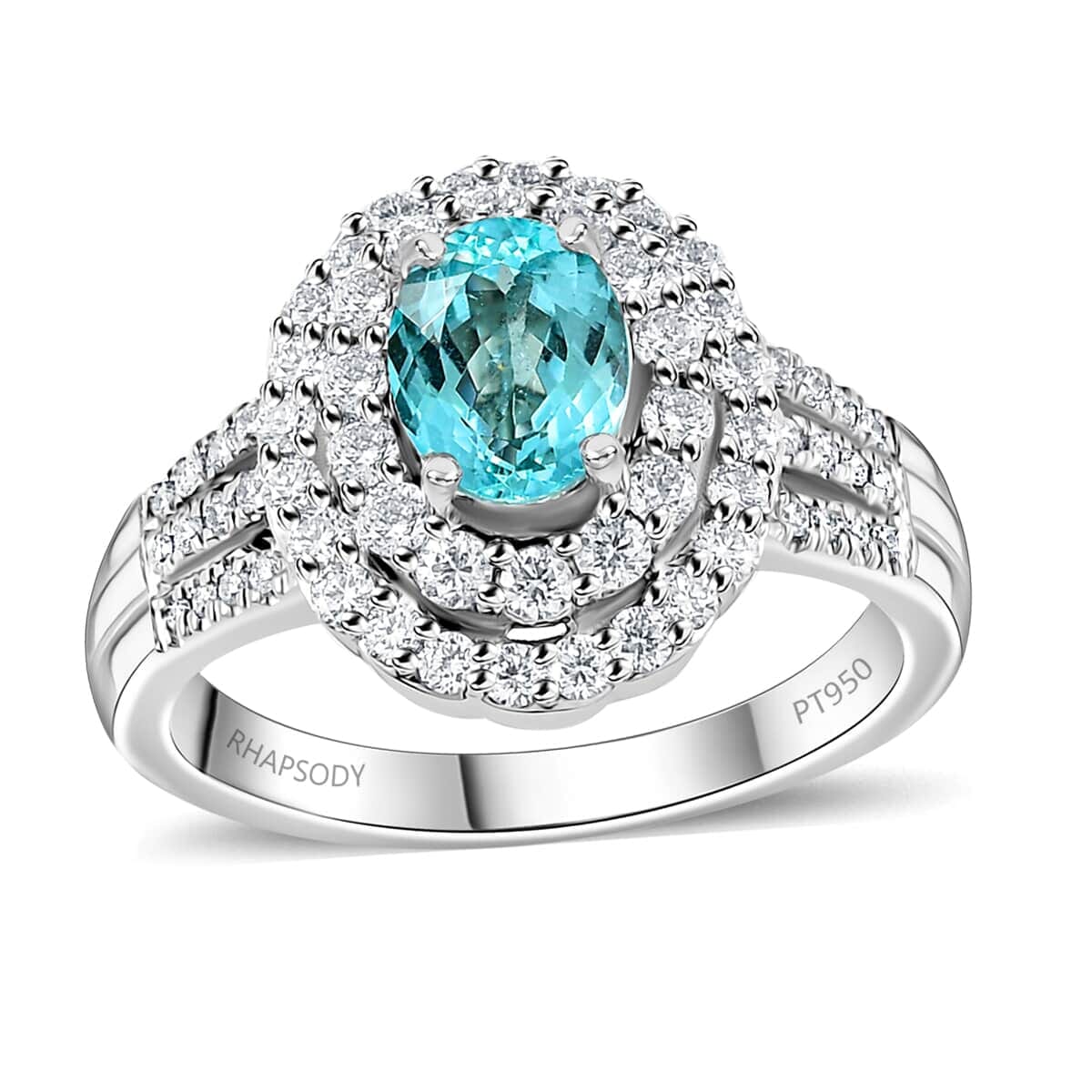 Certified & Appraised Rhapsody 950 Platinum AAAA Paraiba Tourmaline and E-F VS Diamond Double Halo Ring (Size 10.0) 9.20 Grams 2.00 ctw image number 0