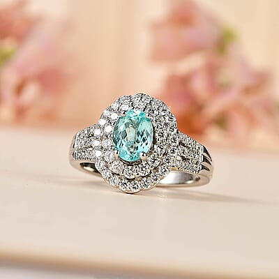 Certified & Appraised Rhapsody 950 Platinum AAAA Paraiba Tourmaline and E-F VS Diamond Double Halo Ring (Size 10.0) 9.20 Grams 2.00 ctw