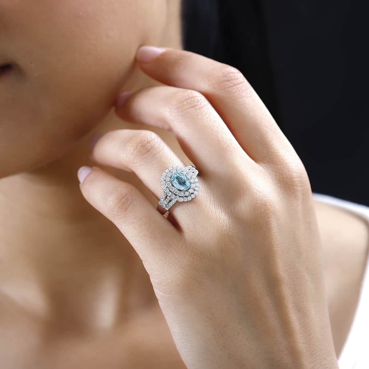 Certified & Appraised Rhapsody 950 Platinum AAAA Paraiba Tourmaline and E-F VS Diamond Double Halo Ring (Size 10.0) 9.20 Grams 2.00 ctw image number 2