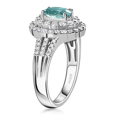 Certified & Appraised Rhapsody 950 Platinum AAAA Paraiba Tourmaline and E-F VS Diamond Double Halo Ring (Size 10.0) 9.20 Grams 2.00 ctw