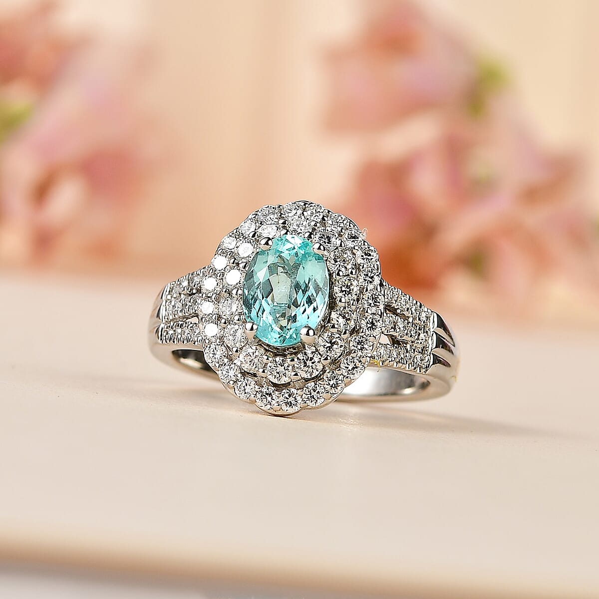 Certified & Appraised Rhapsody 950 Platinum AAAA Paraiba Tourmaline and E-F VS Diamond Double Halo Ring (Size 9.0) 9.20 Grams 2.00 ctw image number 1