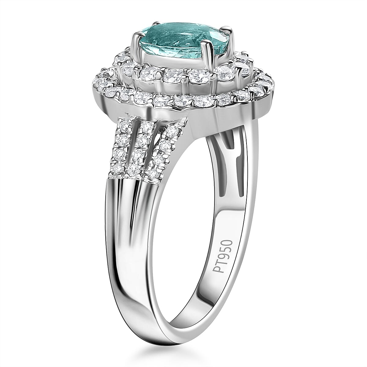 Certified & Appraised Rhapsody 950 Platinum AAAA Paraiba Tourmaline and E-F VS Diamond Double Halo Ring (Size 9.0) 9.20 Grams 2.00 ctw image number 3