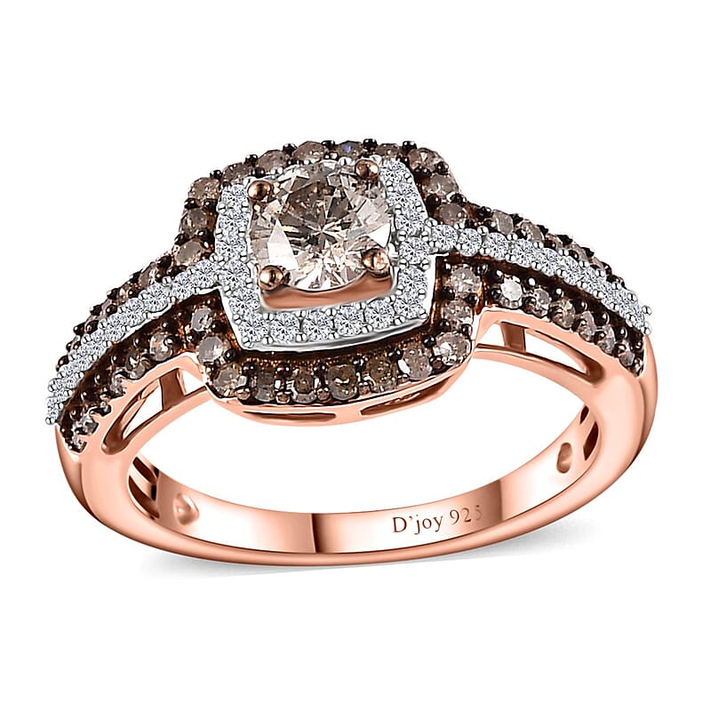 Natural Champagne and White Diamond Double Halo Ring in Vermeil Rose Gold Over Sterling Silver (Size 10.0) 1.00 ctw