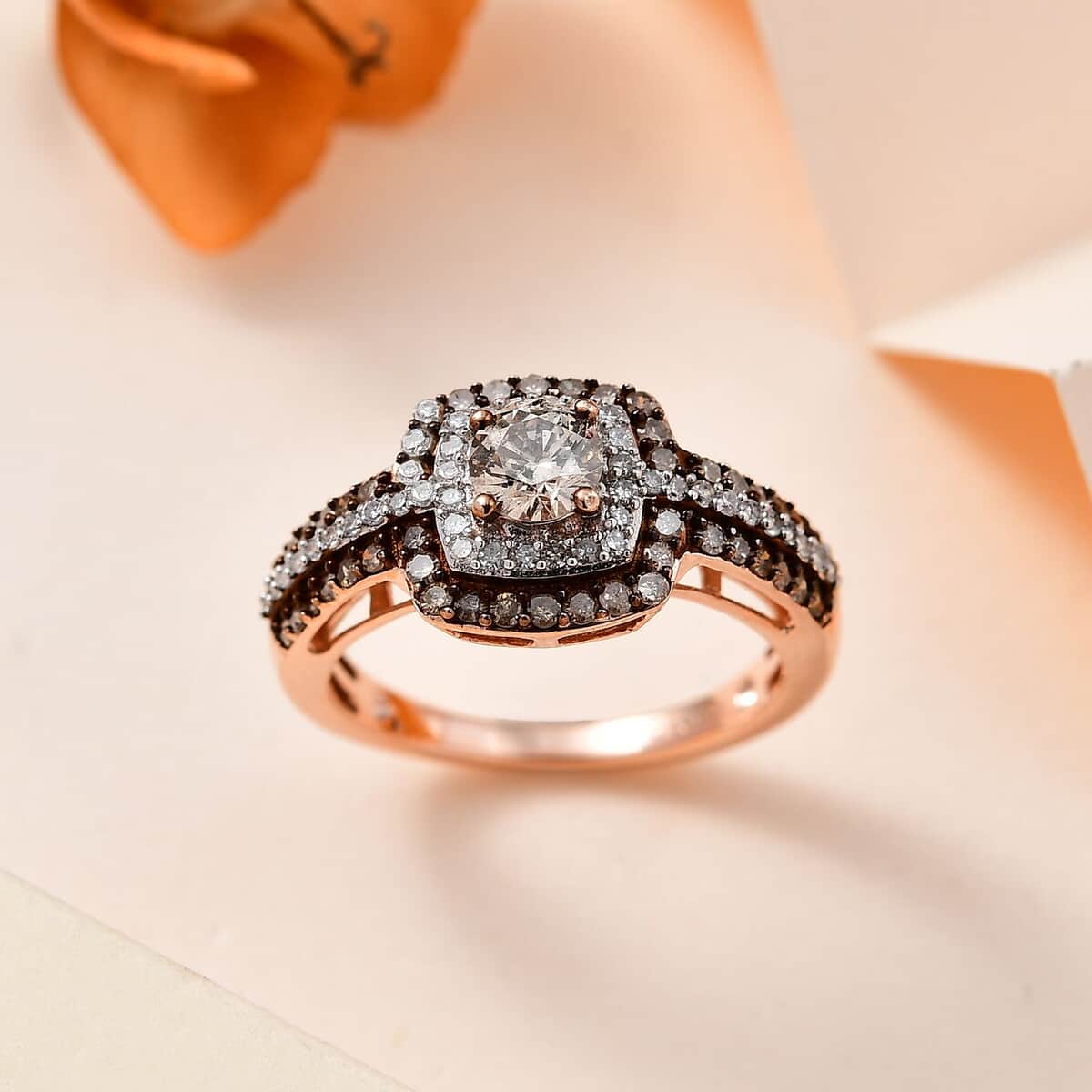 Natural Champagne and White Diamond Ring in Vermeil Rose Gold Over Sterling Silver (Size 10.0) 1.00 ctw image number 1