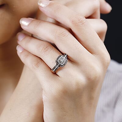 Natural Champagne and White Diamond Double Halo Ring in Vermeil Rose Gold Over Sterling Silver (Size 10.0) 1.00 ctw