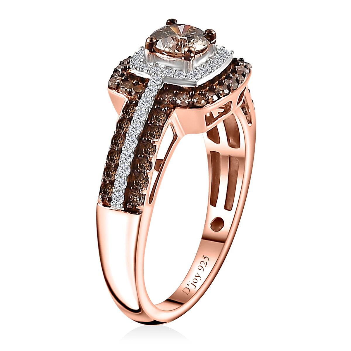 Natural Champagne and White Diamond Double Halo Ring in Vermeil Rose Gold Over Sterling Silver (Size 10.0) 1.00 ctw